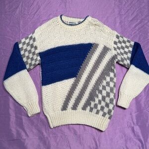 Vintage Forum Cream, Blue & Gray Checkered Sweater